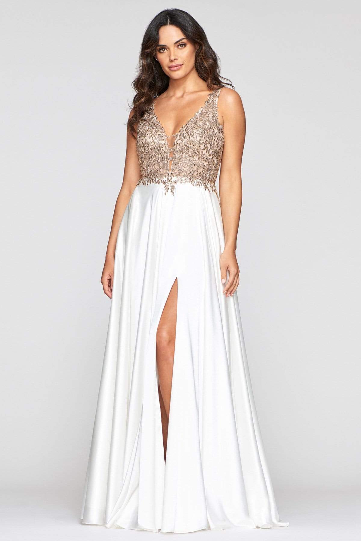 Faviana - Metallic Lace Bodice Satin Dress 10407SC In White and Gold