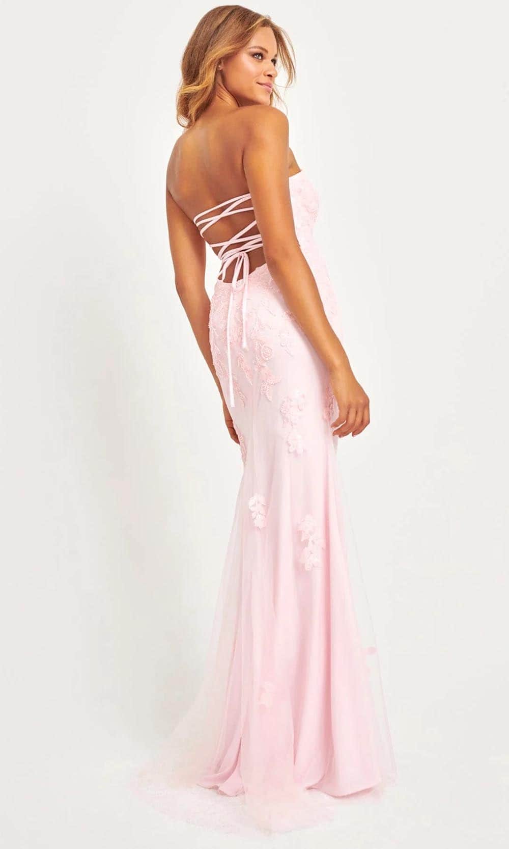 Faviana 11004 - Long Tulle Lace Mermaid Dress - Strapless, Appliques, Lace-Up Back, Invisible Zipper With Hook Eye Closure, Sweep Train ADASA Faviana 11004 - Long Tulle Lace Mermaid Dress - Strapless, Appliques, Lace-Up Back, Invisible Zipper With Hook Eye Closure, Sweep Train ADASA