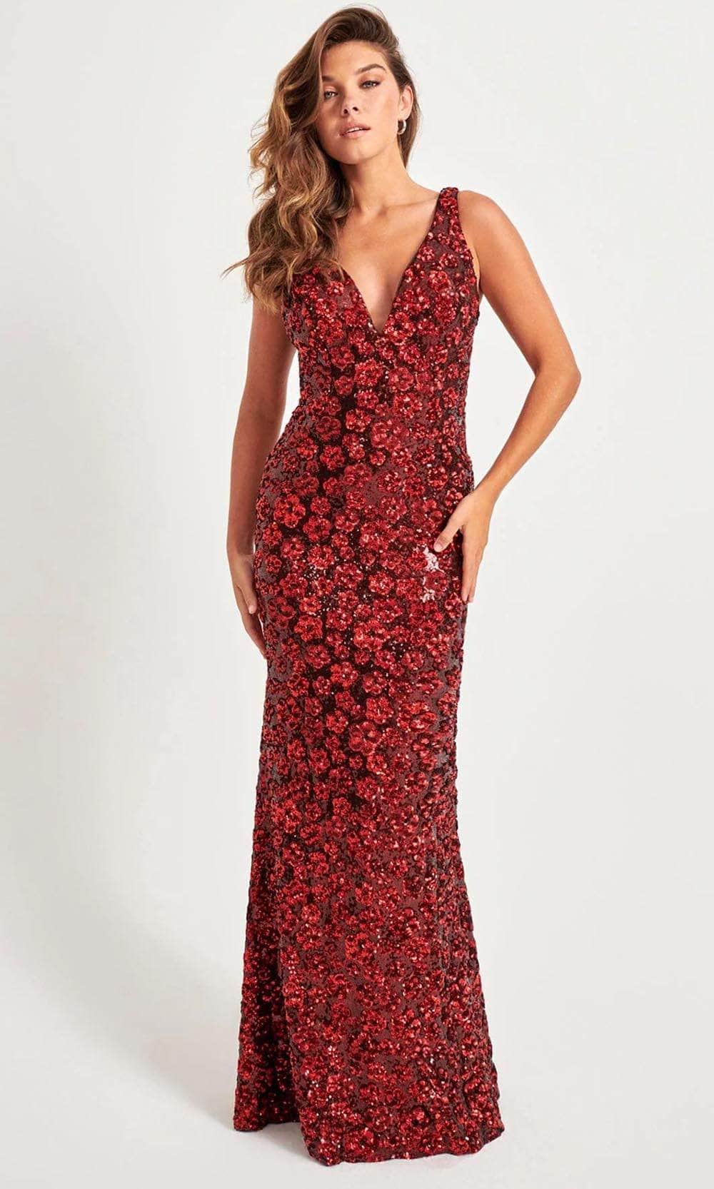 Faviana 11038 - Floral Sequin Gown 00 / Red/Black