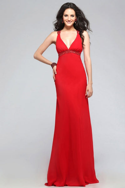 Faviana - 6120 Beaded Halter Evening Dress with Open Back Special Occasion Dress 0 / Red/Red
