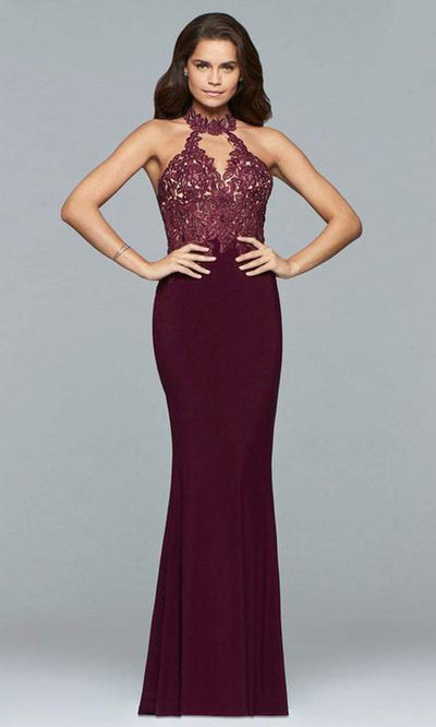 Faviana - Lace High Halter Sheath Dress 7750SC In Purple