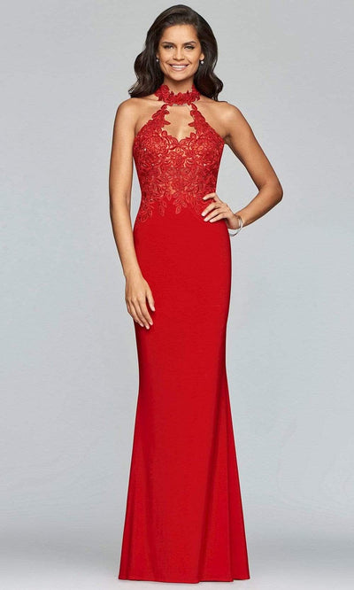 Faviana - 7750 High Halter Cutout Sheath Gown Evening Dresses 0 / Red