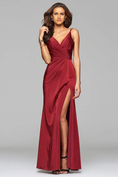 Faviana - 7755 Sleeveless V Neck High Slit Faille Satin Dress Evening Dresses 00 / Wine