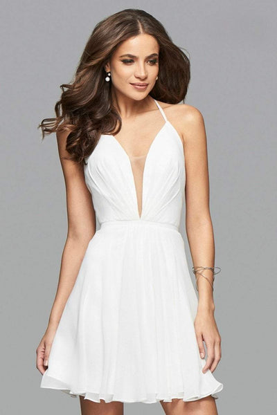 Faviana - 7851 Short Plunging V-Neck Cocktail Dress with Lace-Up back Special Occasion Dress 0 / Ivory