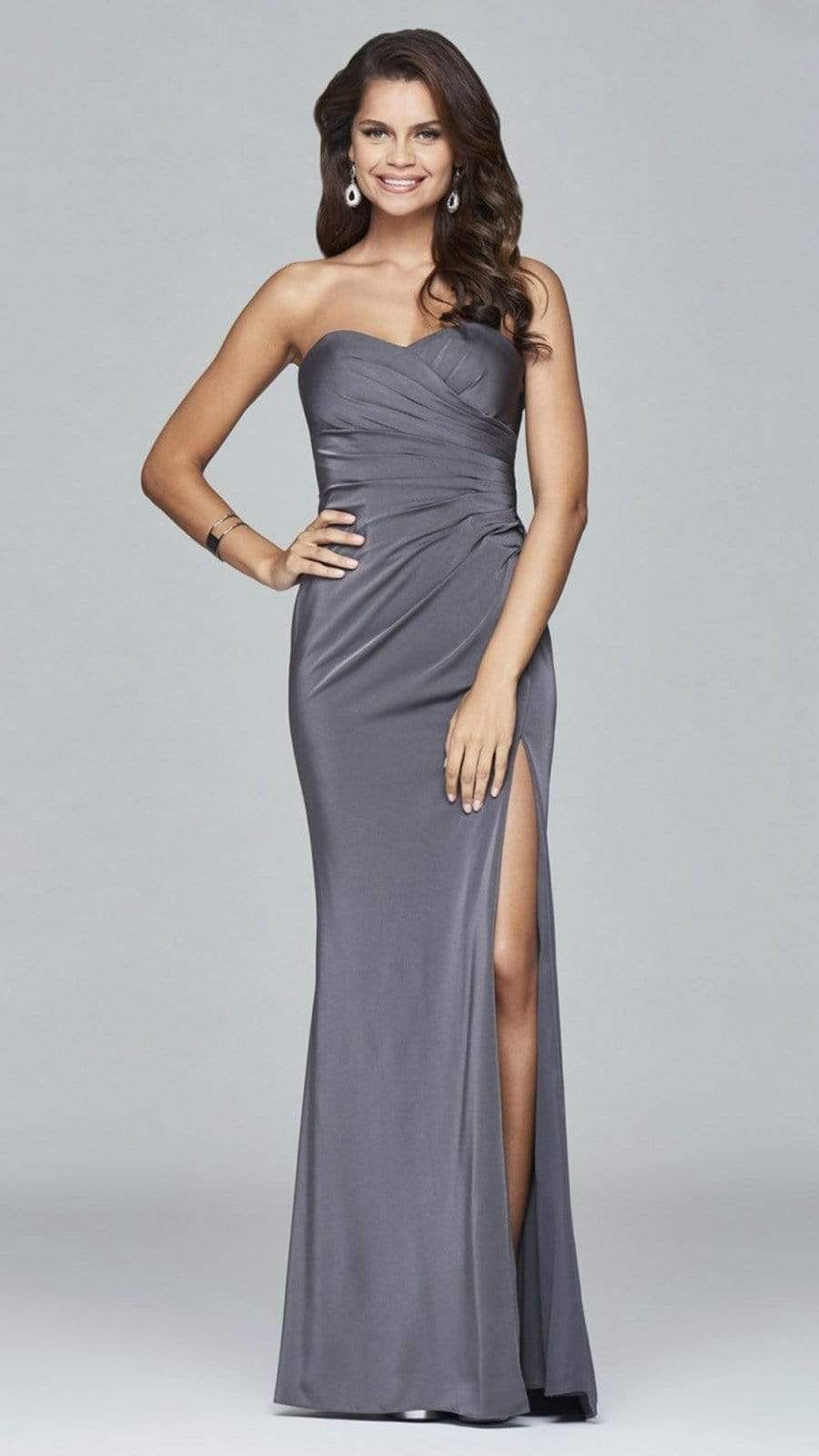 Faviana - 7891 Satin sweetheart evening dress with high side slit Special Occasion Dress 00 / Smoke Grey