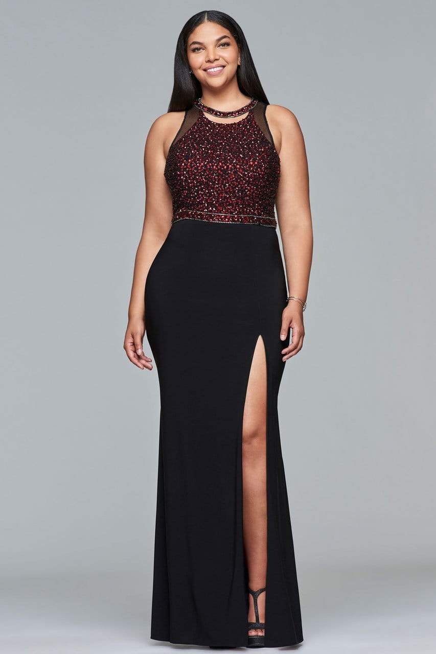 Faviana - 9425 Beaded Cut Out Jersey Evening Gown Special Occasion Dress 12W / Black/Red