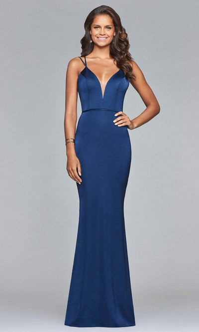 Faviana - Strappy Lace Up Sheath Gown s10012SC In Blue