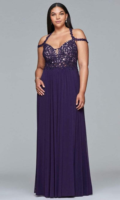 Faviana - Lace V-neck Sheath Dress 9439 - 1 pc Aubergine In Size 16W Available CCSALE 16W / Aubergine