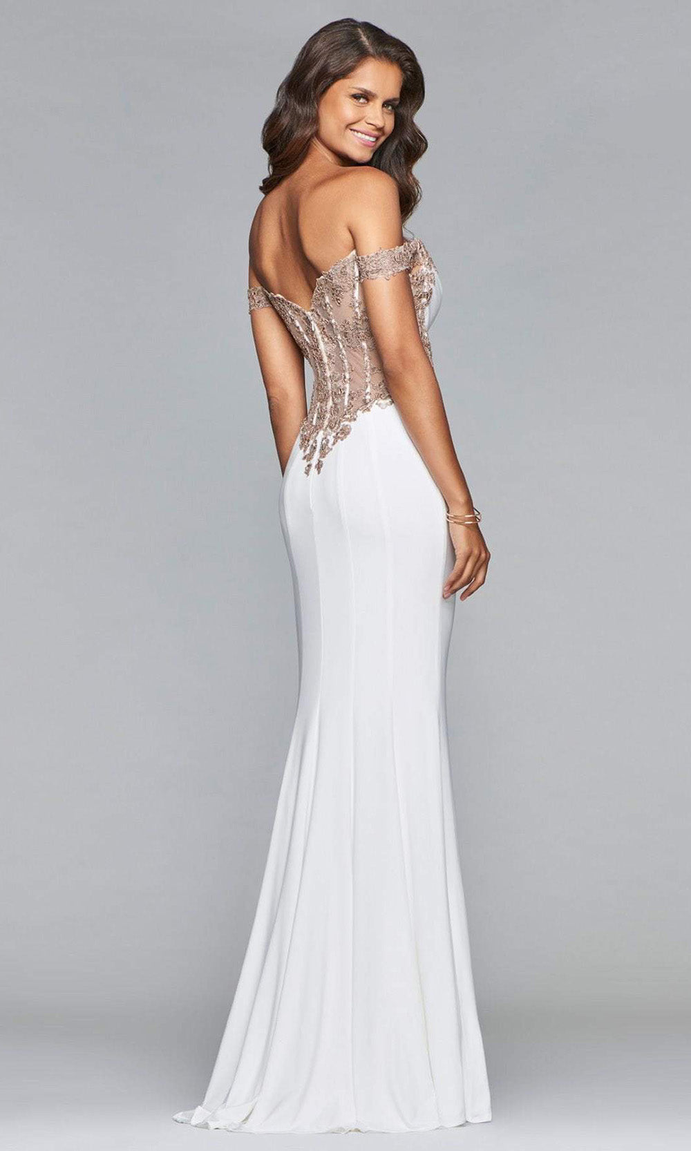 Faviana - Off-Shoulder Jersey Sheath Long Gown s10001 - 1 pc Ivory/Rose Gold in size 14 Available CCSALE 6 / Ivory/Rose Gold