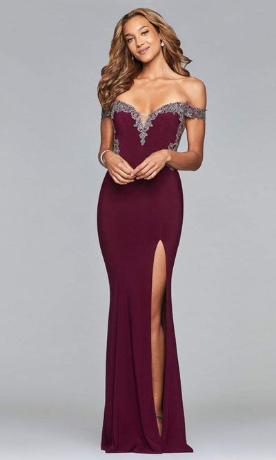 Faviana - Off-Shoulder Jersey Sheath Long Gown s10001 - 1 pc Ivory/Rose Gold in size 14 Available CCSALE 4 / Bordeaux