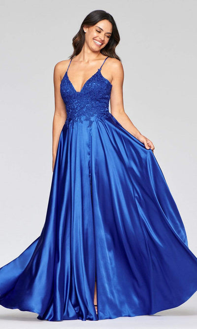 Faviana - Long Beaded Lace Satin Gown S10400SC In Blue