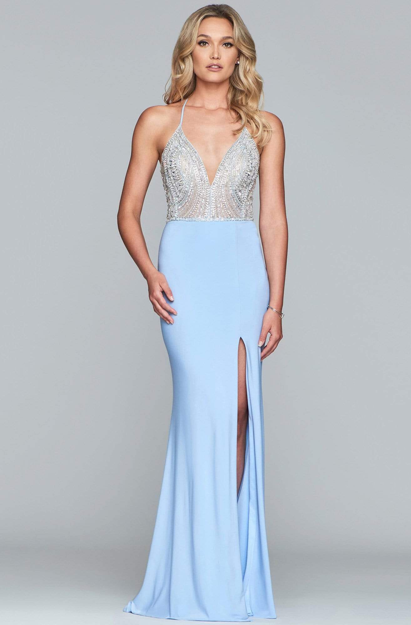 Faviana - s10060 Plunging V-Neckline Jersey Gown Prom Dresses 0 / Cloud Blue
