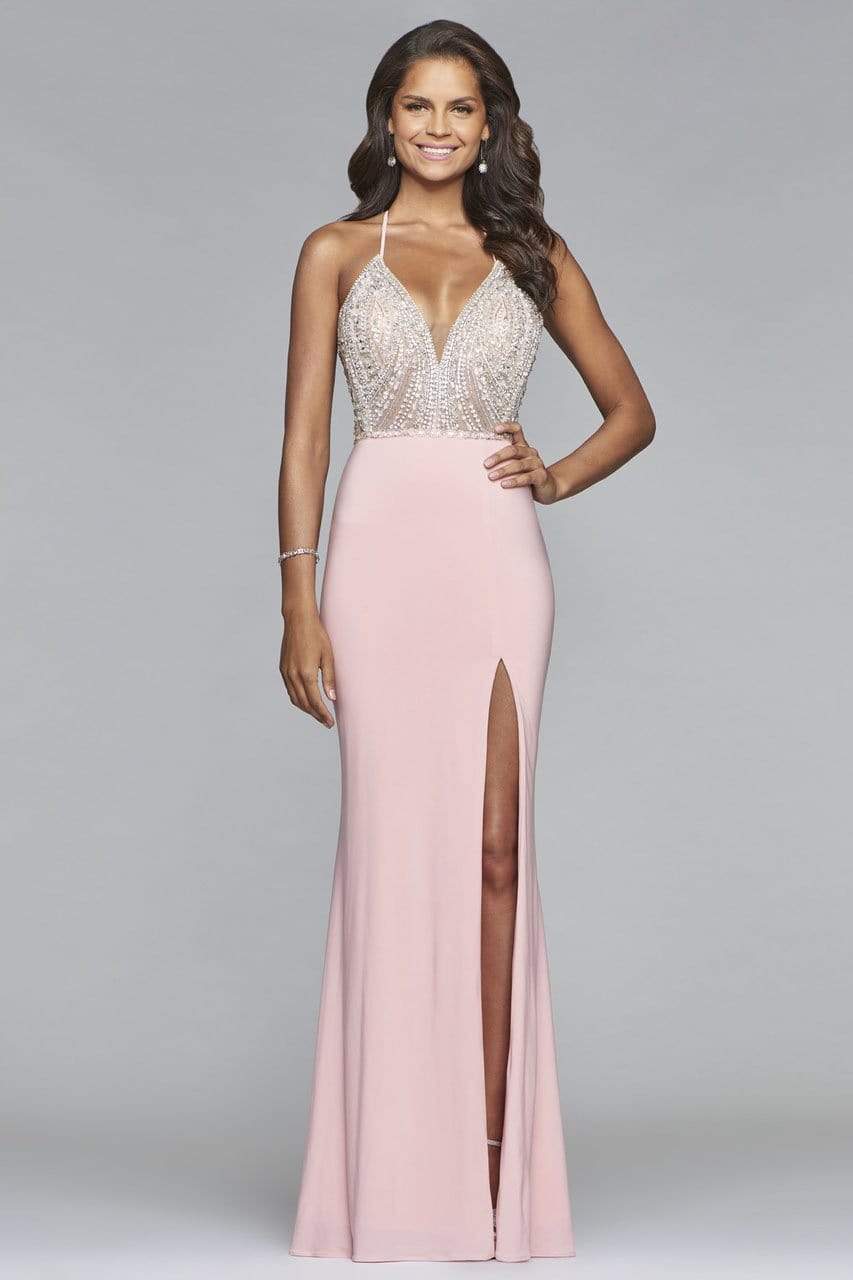 Faviana - s10060 Plunging V-Neckline Jersey Gown Prom Dresses 0 / Soft Pink
