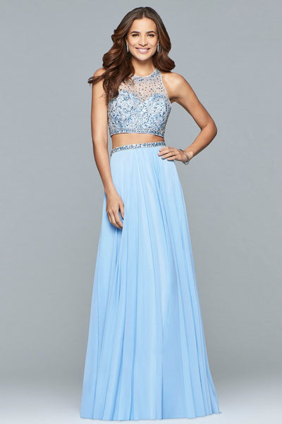 Faviana - s10061 Beaded Two-Piece Chiffon A-line Gown Special Occasion Dress 0 / Cloud Blue