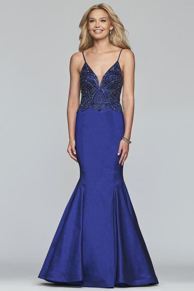 Faviana - S10243 Beaded Plunging V-Neck Mermaid Gown Special Occasion Dress 00 / Sapphire