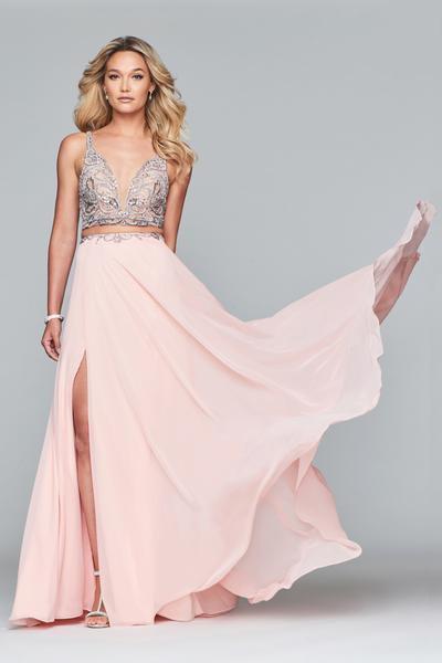 Faviana - S10244 Two-Piece Crystal-Crusted Chiffon Gown Special Occasion Dress 00 / Rose Pink
