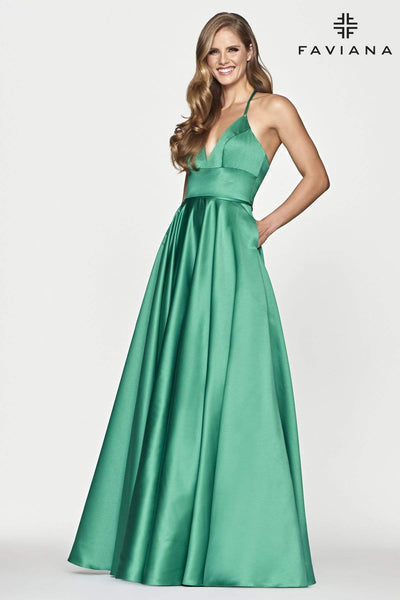 Faviana - S10252 Sleeveless V-neck Satin Ballgown Special Occasion Dress 00 / Jade