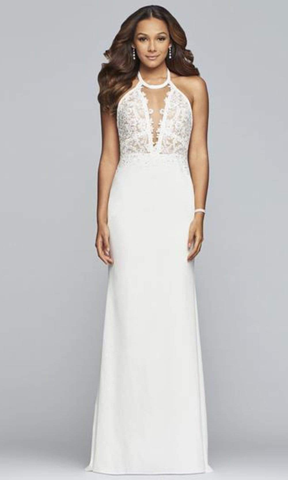 Faviana - Halter Floral Appliqued Sheath Gown S10296SC In White