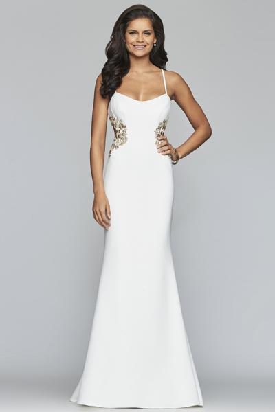 Faviana - S10302 Metallic Floral Appliqued Trumpet Gown Special Occasion Dress 00 / Ivory