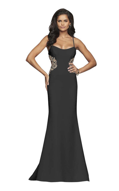 Faviana - S10302 Metallic Floral Appliqued Trumpet Gown Special Occasion Dress 00 / Black