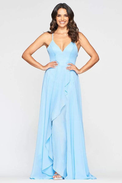 Faviana - S10413 Plunging V-neck Chiffon A-line Dress Prom Dresses 00 / Cloud Blue