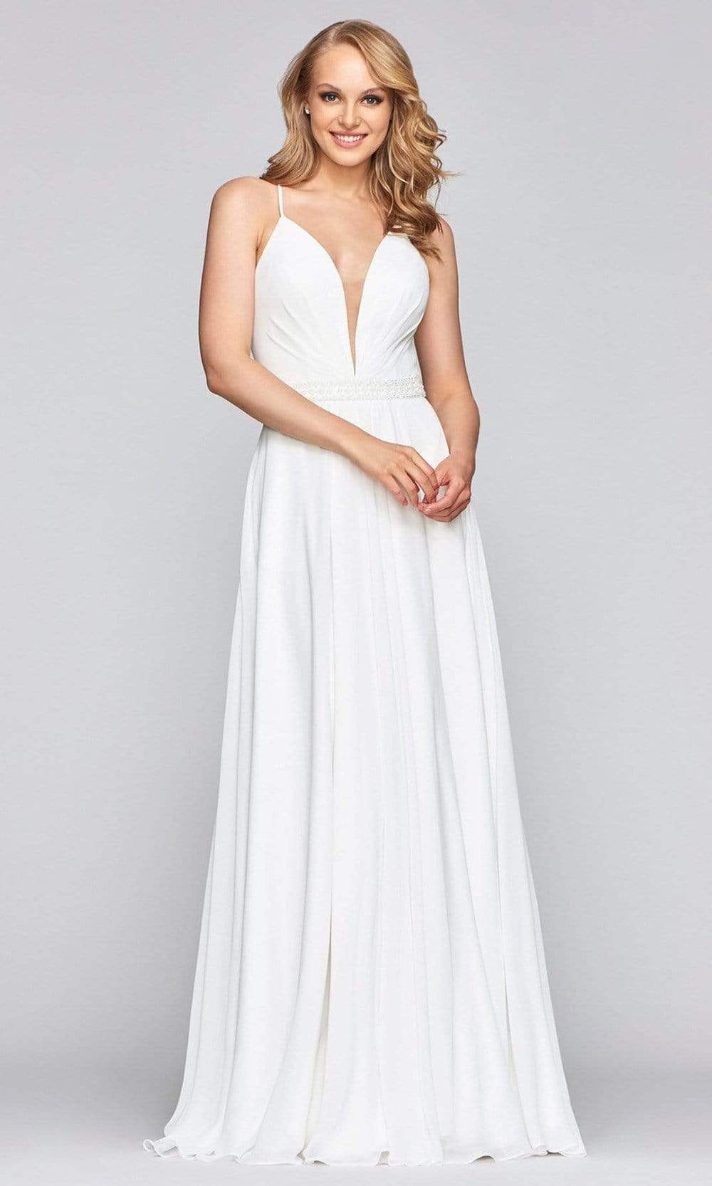 Faviana - S10435 Illusion Plunging V Neck Beaded Waist A-Line Dress Prom Dresses 00 / Ivory