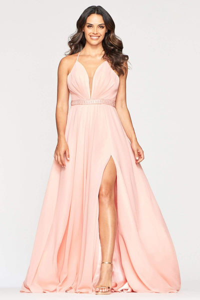 Faviana - S10435 Illusion Plunging V Neck Beaded Waist A-Line Dress Prom Dresses 00 / Soft Peach