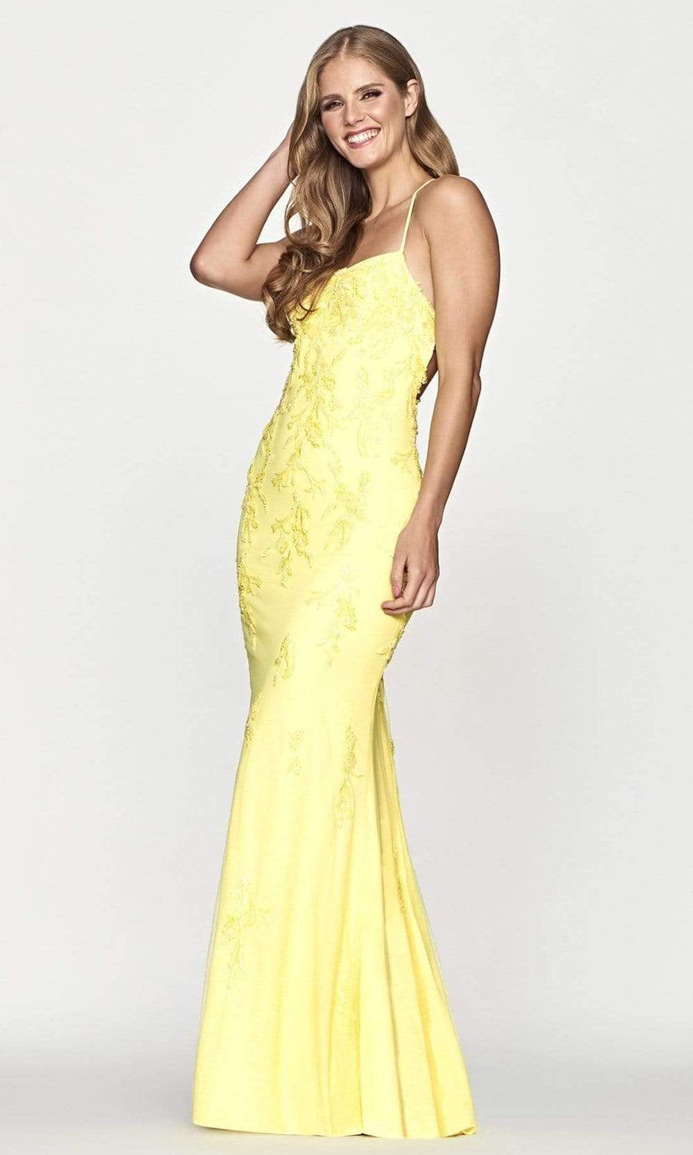 Faviana - S10634 Sleeveless Lace Appliqued Gown Evening Dresses 00 / Light Yellow