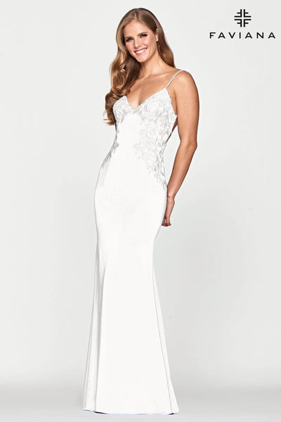 Faviana - S10641 V-Neck Appliqued Satin Gown Prom Dresses