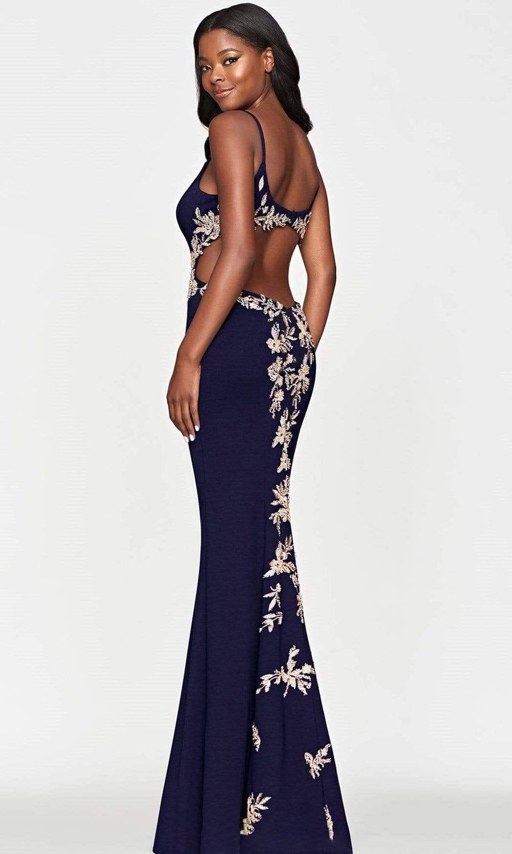 Faviana - S10668 V Neck Side Detailed Long Gown In Blue and Gold