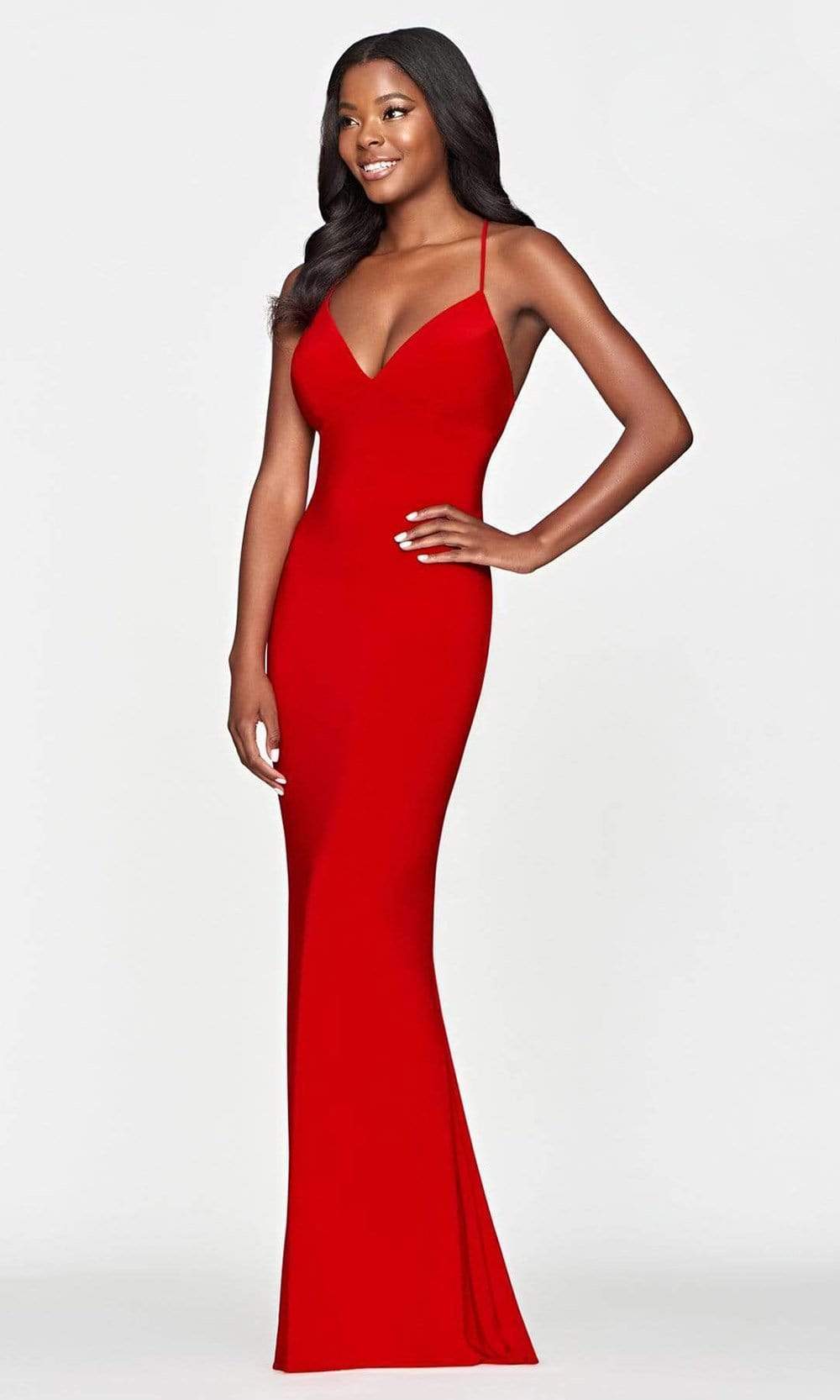 Faviana - Lace Up Back Sheath Dress S10684 In Red