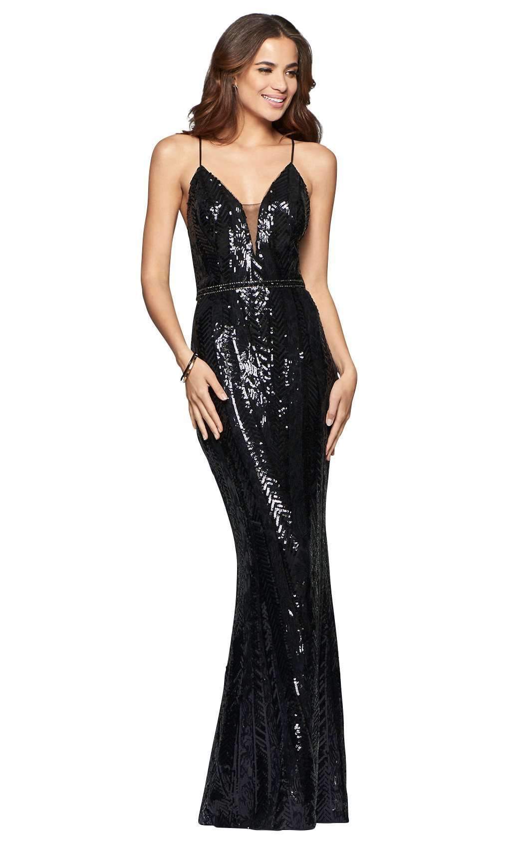 Faviana - s8011 Long novelty sequin v-neck dress Special Occasion Dress 0 / Black