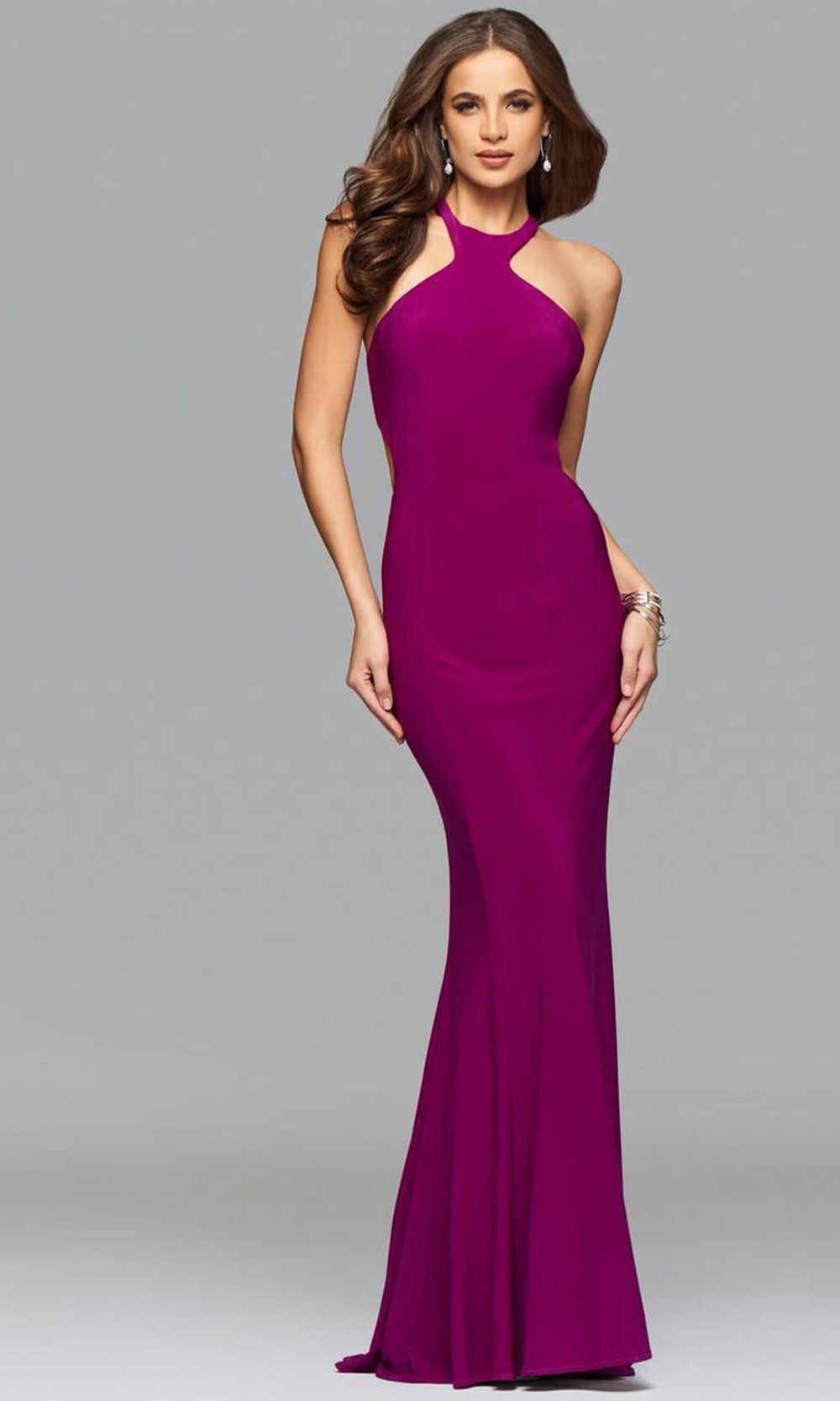 Faviana - Jersey halter evening dress with cut-out and lace up back 7894SC In Purple