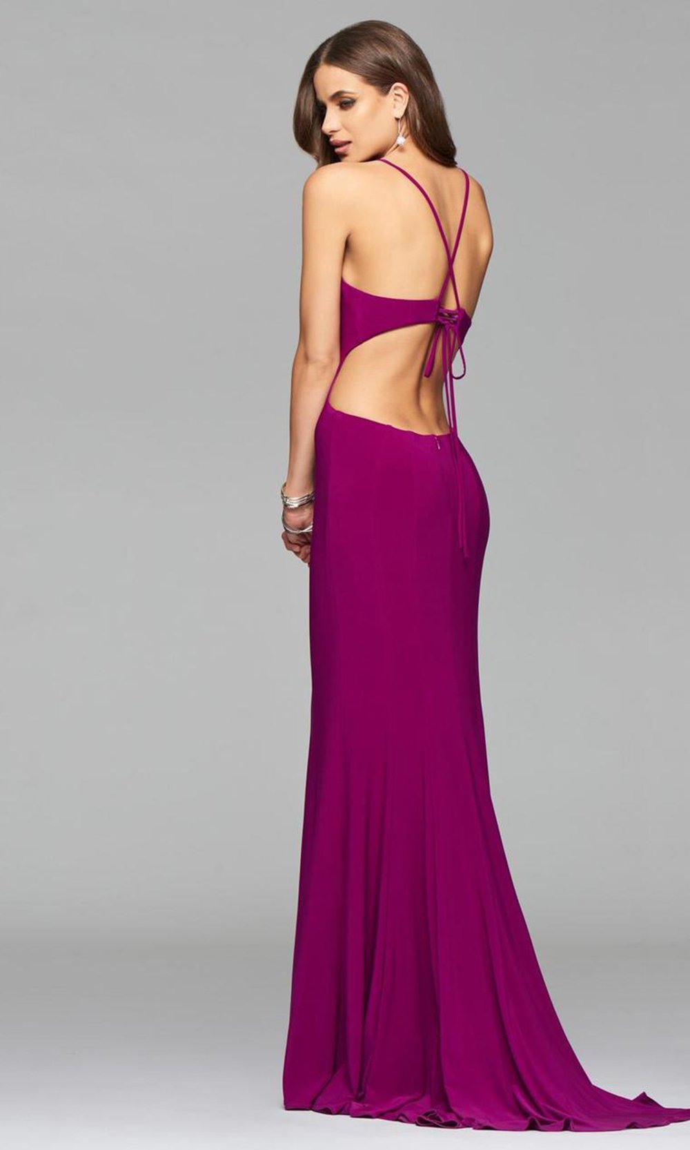 Faviana - Jersey halter evening dress with cut-out and lace up back 7894SC In Purple