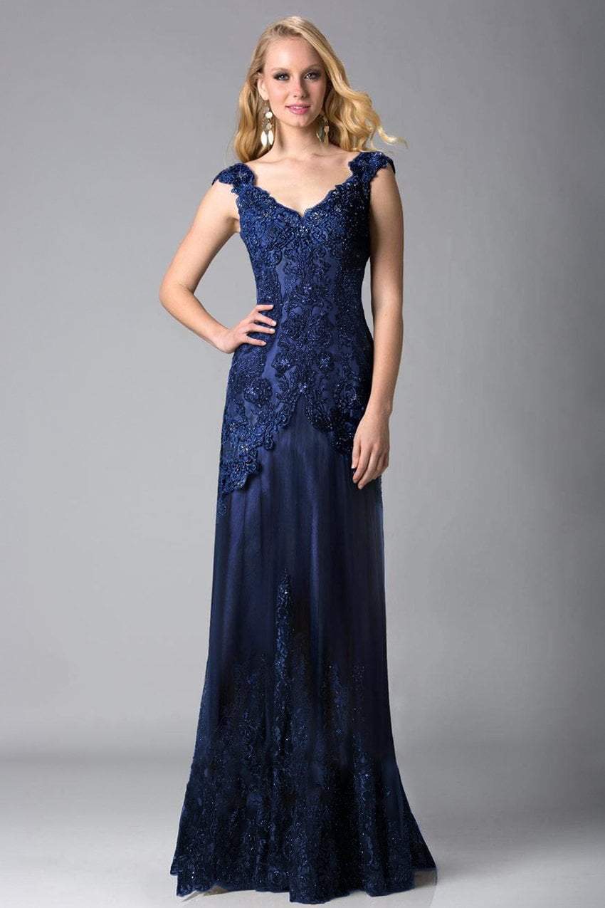 Feriani Couture - 18401 Embellished V Neck Lace Evening Gown Special Occasion Dress 2 / Navy