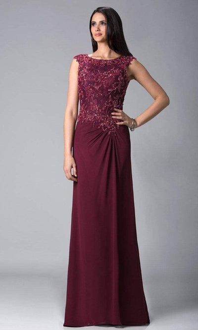 Feriani Couture - 18402 Embellished Cap Sleeve Column Gown Special Occasion Dress 2 / Cranberry