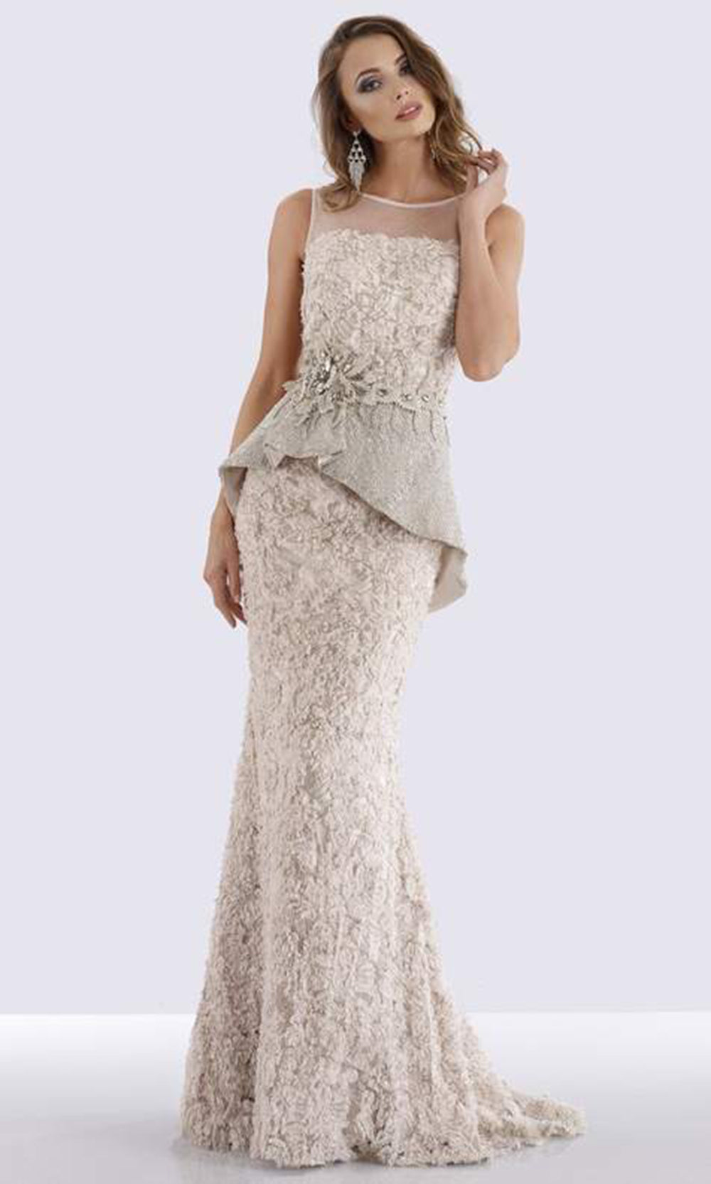 Feriani Couture - 18655 Embellished Illusion Neckline Peplum Sheath Dress - 1 pc Stone in Size 8 Available CCSALE 14 / Stone