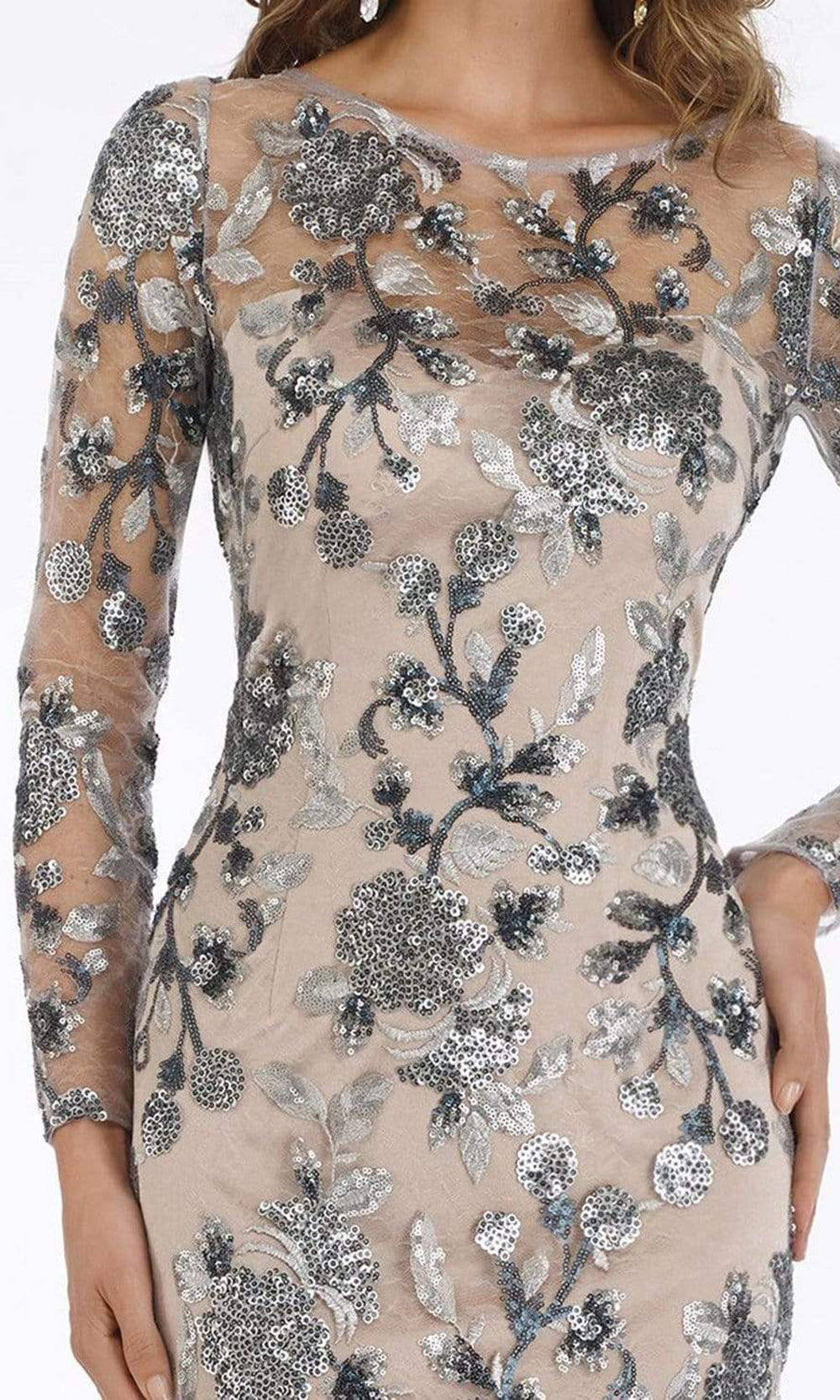 Feriani Couture - 18853 Illusion Neckline Long Sleeves Floral Sequin Embellished Dress - 1 pc Silver In Size 16 Available CCSALE 16 / Silver