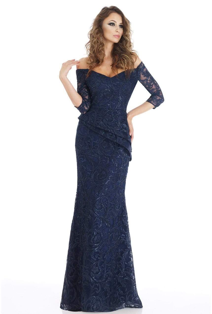 Feriani Couture - 18911 Quarter Sleeve Embroidered Peplum Long Gown Special Occasion Dress 10 / Navy