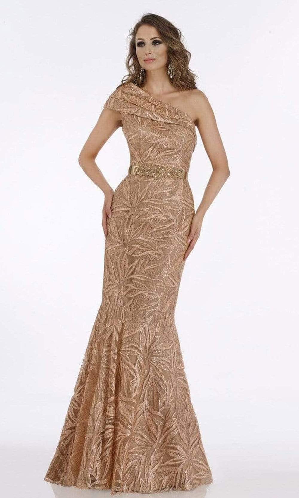 Feriani Couture - 18916 Pleated Asymmetrical Trumpet Lace Gown Special Occasion Dress 6 / Apricot