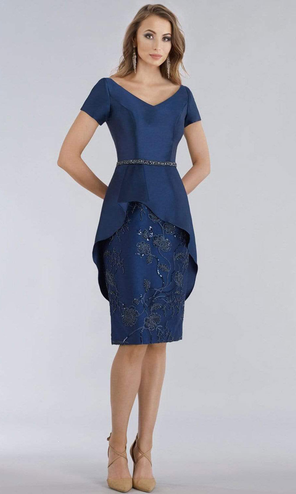 Feriani Couture - 18953SC V-Neck High Low Peplum Accent Sheath Dres In Blue