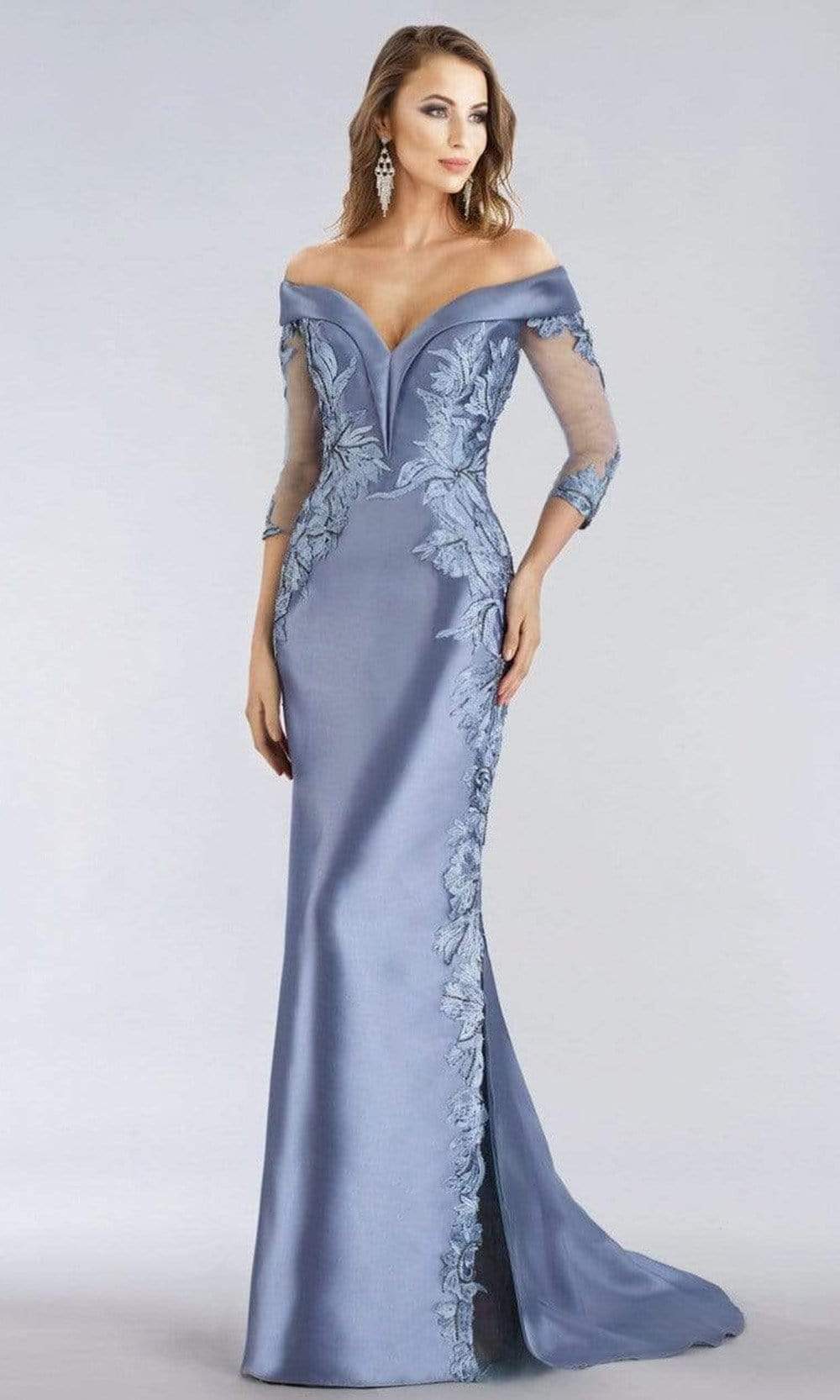 Feriani Couture - Folded Plunging Off Shoulder Embroidered Gown 18971SC In Blue