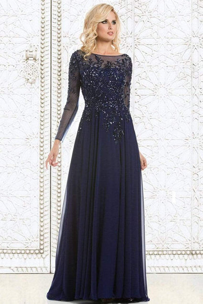 Feriani Couture - 26145 Dazzling Long Sleeve Evening Gown Special Occasion Dress 2 / Navy