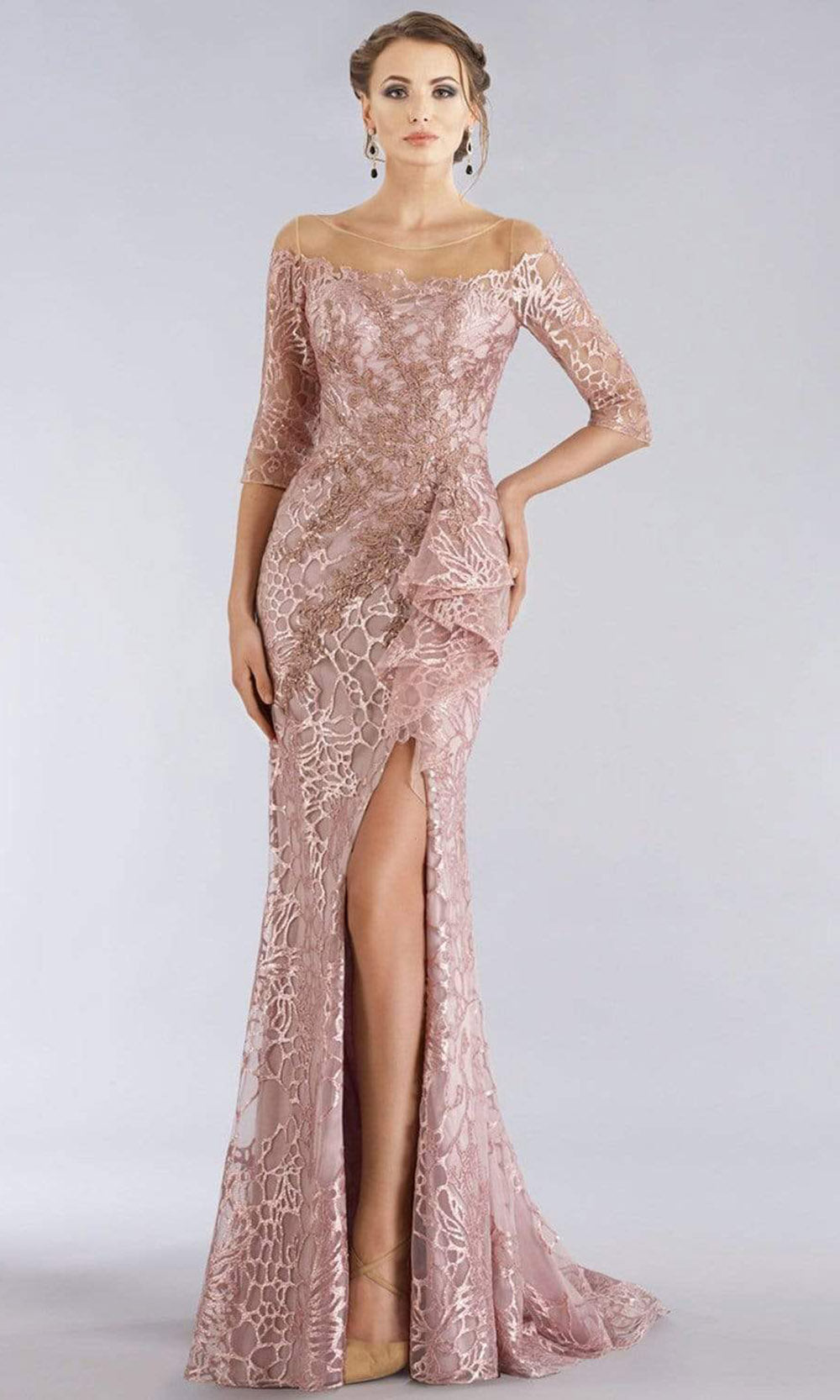 Feriani Couture - 26302SC Quarter Sleeves Metallic Lace High Slit Gown In Pink