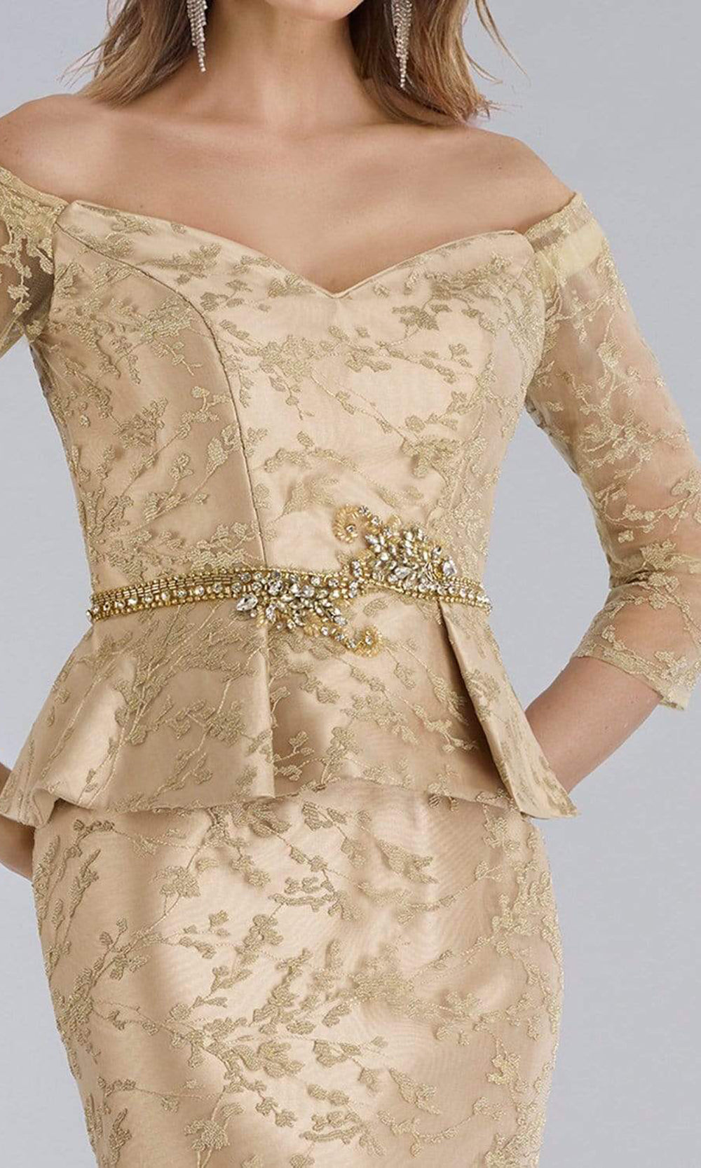 Feriani Couture - Lace Off-Shoulder Trumpet Dress 18965 - 1 pc Gold In Size 10 Available CCSALE 10 / Gold