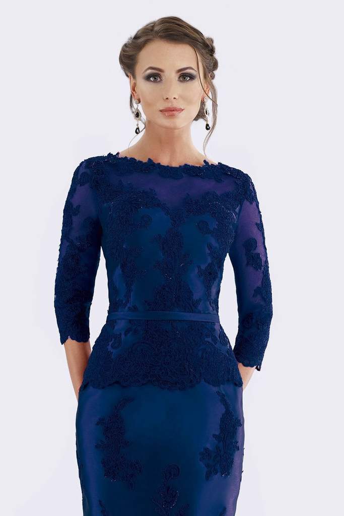 Feriani Couture Quarter Sleeve Appliqued Peplum Long Gown 18740 CCSALE 20 / Navy