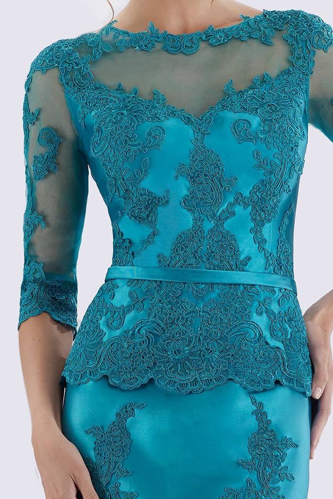 Feriani Couture Quarter Sleeve Appliqued Peplum Long Gown 18740 CCSALE 20 / Navy