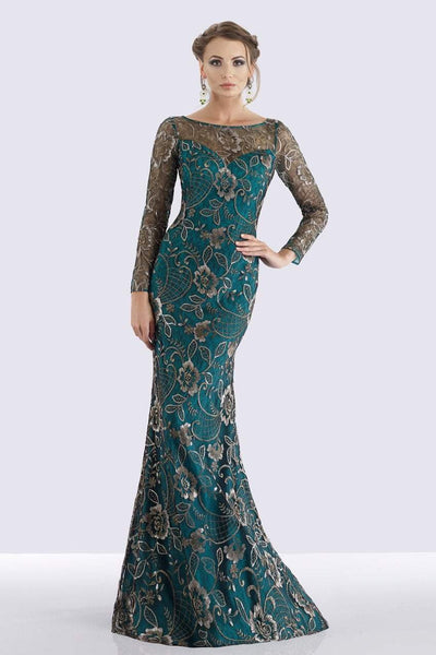 Feriani Couture - Sequined Floral Long Sleeve Gown 18718 - 1 pc Teal in Size 12 Available CCSALE 12 / Teal