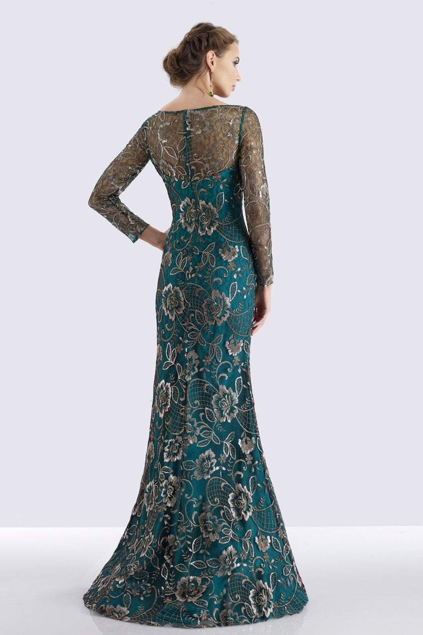 Feriani Couture - Sequined Floral Long Sleeve Gown 18718 - 1 pc Teal in Size 12 Available CCSALE