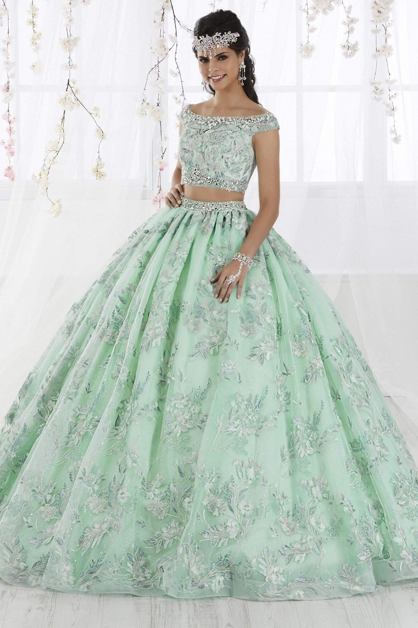 Fiesta Gowns - 56370 Two Piece Floral Off-Shoulder Ballgown Special Occasion Dress 0 / Aqua